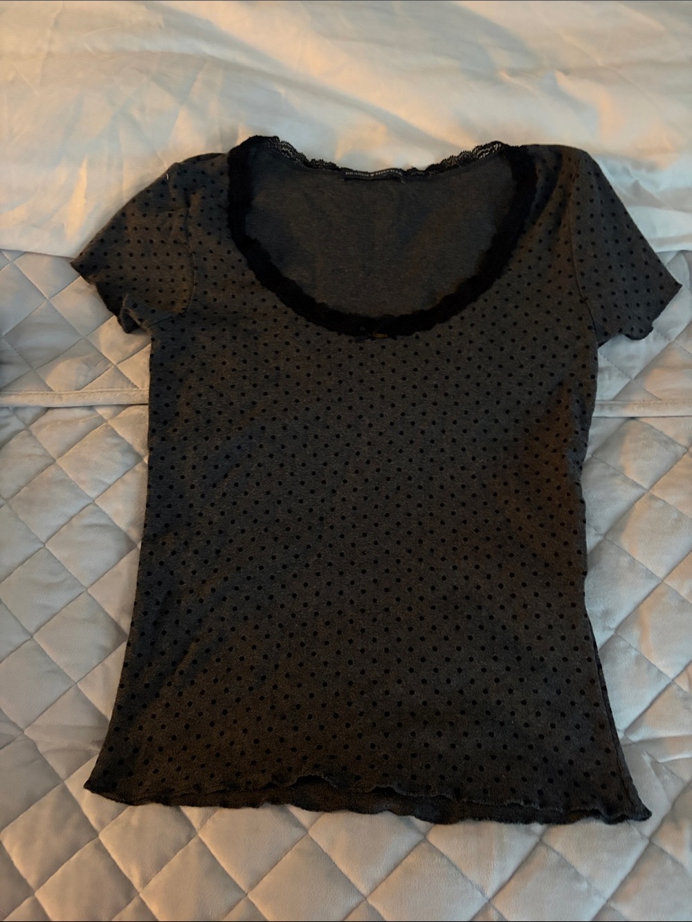 Brandy Melville Black Polka-Dot Lace Scoop Neck Tee